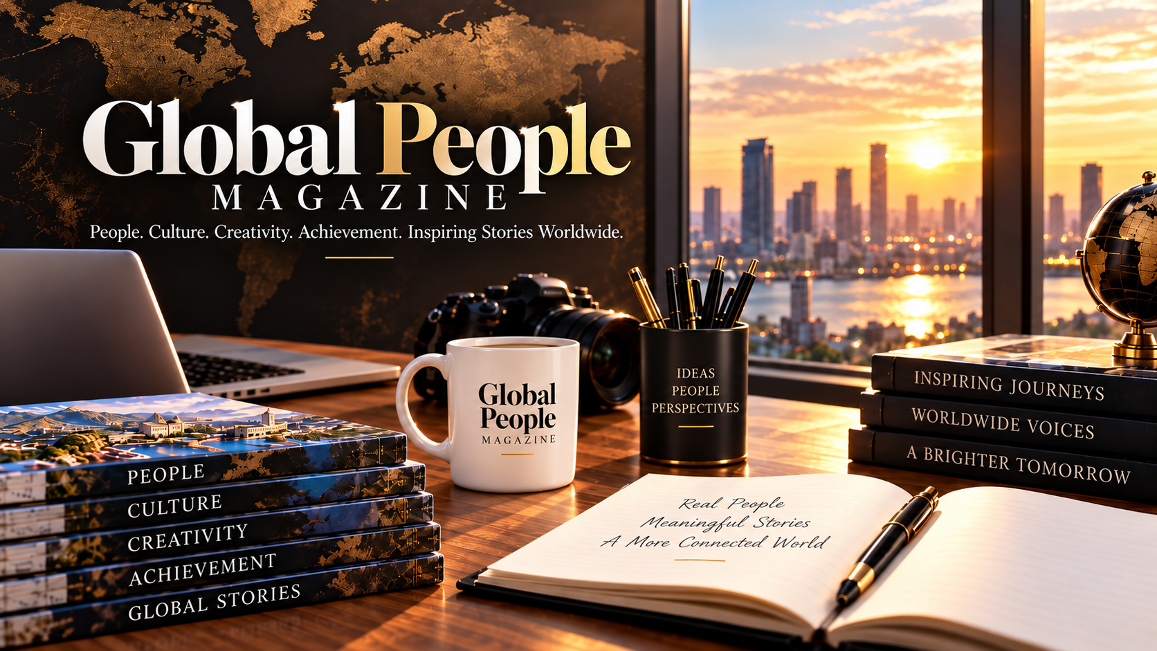 Global People Magazine vision represented by an international editorial workspace with books, a camera, and a globe